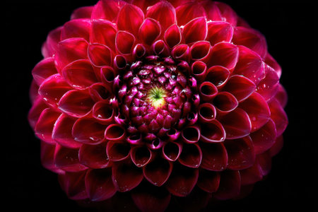 A vibrant red dahlia showcases its intricate petals against a dark background.の写真素材
