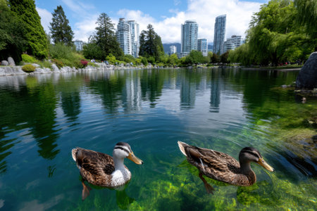 Ducks glide across a clear pond in a city park, framed by modern buildings and lush greenery.の写真素材