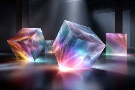 Vibrant geometric shapes illuminate a dark room, crafting a stunning visual ambiance.の写真素材