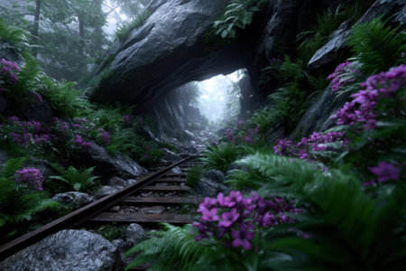 Vivid wildflowers line an old railway track winding through a foggy forest in the early morning light.の写真素材