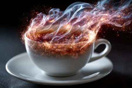 A white coffee cup releases vibrant, swirling steam resembling cosmic elements, creating a captivating effect.の写真素材