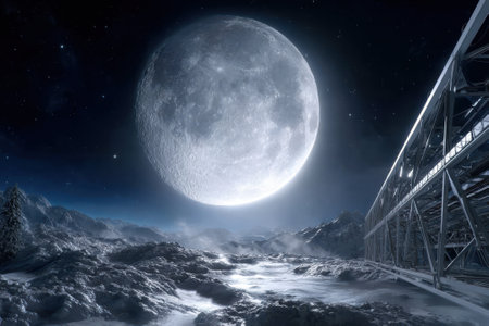 A magnificent full moon shines brightly over a tranquil, snowy terrain with modern architecture in the foreground.の写真素材