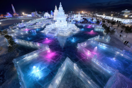 An enchanting display of ice sculptures shines brightly with colorful lights during a winter festival.の写真素材