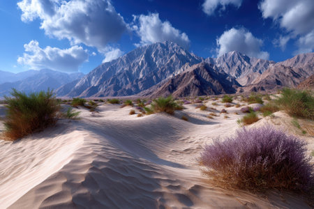 Lush vegetation contrasts against golden sand dunes and towering mountains during a sunny day in the desert.の写真素材