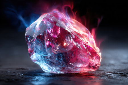 A dazzling crystal emits vibrant colors, surrounded by swirling smoke and fire against a dark background.の写真素材