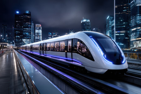 A sleek train glides along elevated tracks against a backdrop of illuminated skyscrapers at night.の写真素材