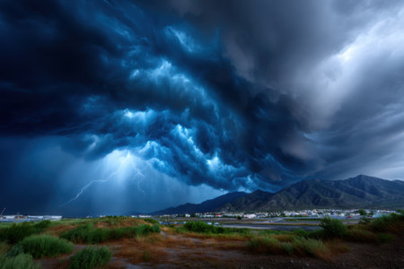 Intense dark clouds gather over a mountainous landscape as lightning illuminates the twilight sky.の写真素材