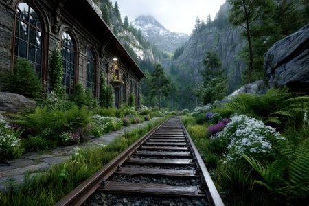 Train tracks lead through a lush valley filled with wildflowers and tall trees, framed by majestic mountains.の写真素材