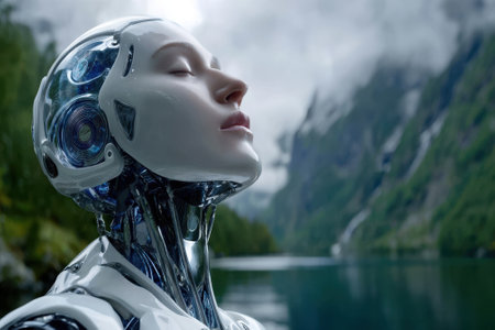 A humanoid robot stands by a tranquil lake, absorbing the beauty of mountains and lush greenery on a sunny day.の写真素材
