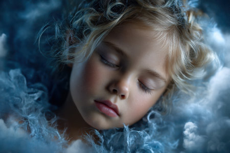 A young child with curly hair is sleeping peacefully, surrounded by fluffy blue clouds and a serene atmosphere.の写真素材