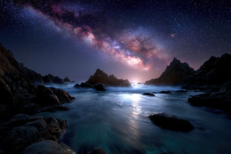 Waves gently crash on rocks beneath a stunning starry sky filled with the Milky Way at dusk.の写真素材