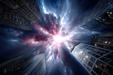A mesmerizing cosmic explosion illuminates the night sky above tall city buildings, creating a surreal atmosphere.の写真素材