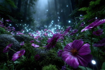 Delicate purple flowers bloom abundantly in a dim forest, illuminated by soft glowing orbs at dusk.の写真素材