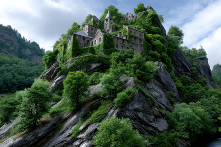 An old castle stands majestically on a rocky hill, enveloped by dense greenery under a clear blue sky.の写真素材
