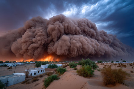 A powerful dust storm approaches a small village under a dramatic sky during twilight, obscuring the horizon.の写真素材