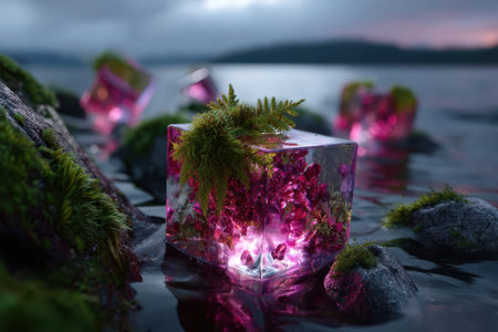 Unique translucent ice cubes feature vibrant moss and crystals, creating a captivating contrast by the water's edge.の写真素材
