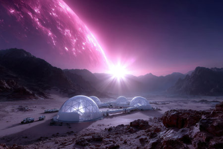 Futuristic glass domes sit on a barren landscape beneath a vibrant purple sky during sunset.の写真素材