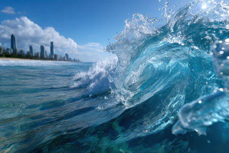 Clear blue waves collide with the shore while city buildings rise in the background under a bright sky.の写真素材