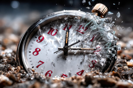 Close-up view of a stopwatch damaged and submerged in gravel with water splashing dramatically around.の写真素材