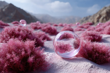 Vivid pink plants cover the ground, interspersed with clear orbs reflecting a surreal mountain backdrop.の写真素材