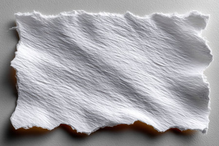A piece of textured white paper rests on a gray surface, showing its rough edges and fibrous texture.の写真素材