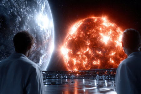 Two scientists in white coats gaze at a massive sun and Earth from a futuristic space station during twilight.の写真素材