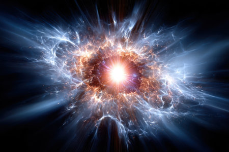 A brilliant explosion of light and energy illuminates the dark expanse of space, revealing a cosmic nebula's beauty.の写真素材