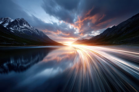 Vibrant sunset casts colorful reflections on calm lake as light trails create dynamic motion in the sky.の写真素材
