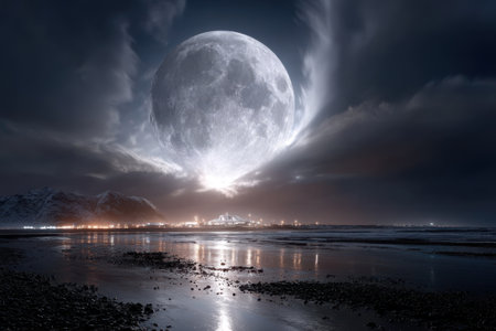 A stunning full moon rises over the ocean, casting a glowing reflection on the water near a quiet town.の写真素材