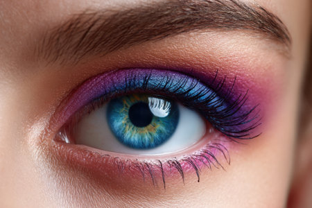 Bold eye makeup enhances the model's striking blue-green eye at a beauty studio event.の写真素材