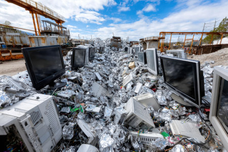 Pile of discarded computers and monitors at a recycling center on a cloudy day near industrial structures.の写真素材