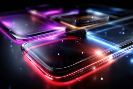 Brightly lit smartphone screens with vibrant colors sit on a dark background, creating an eye-catching display.の写真素材