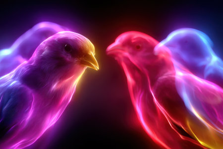 Two vividly colored birds are interacting with each other, showing bright and vibrant hues against a dark background.の写真素材