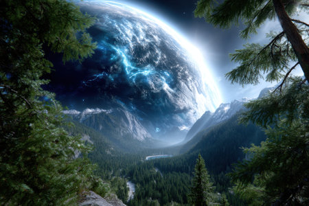 A stunning vista showcases a vast planet looming above a serene valley, surrounded by towering trees and mountains.の写真素材