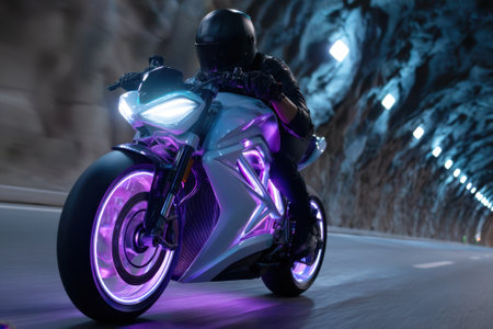 Rider speeds through a tunnel on a motorcycle, illuminated by vibrant neon lights during nighttime.の写真素材