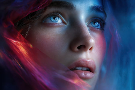 A vivid portrait shows a person with colorful hair and expressive blue eyes, evoking emotion.の写真素材