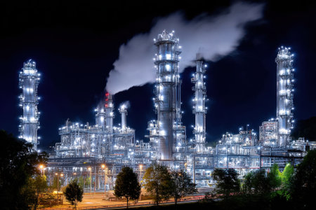 Illuminated industrial facility at night showcases towering structures and smoke, highlighting activity.の写真素材