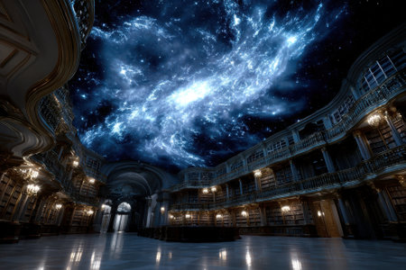 Magnificent library interior featuring a starry night sky above, creating a breathtaking ambiance for reading.の写真素材