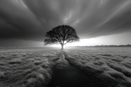 A striking tree rises in a grassy field as dark clouds gather, capturing a moment of natural beauty at dusk.の写真素材