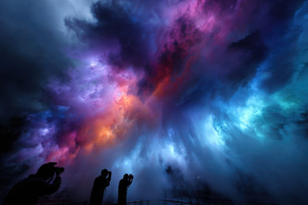 Spectators capture a stunning light and smoke show featuring vibrant colors in the night sky.の写真素材