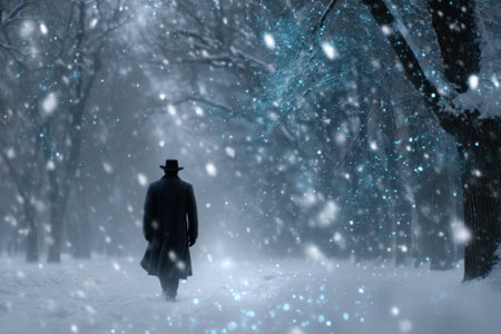 A solitary figure in a long coat walks along a snow-covered path surrounded by trees in winter.の写真素材