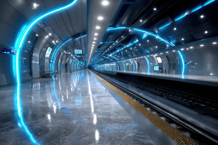 A spacious underground train station showcases contemporary architecture with vibrant blue lighting.の写真素材