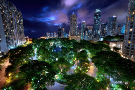 Bright city lights illuminate a park as modern skyscrapers rise against a night sky filled with clouds.の写真素材