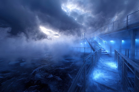 A dock leads into a fog-covered body of water, illuminated by blue lights against a dark, cloudy sky.の写真素材