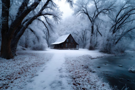 A rustic wooden cabin sits peacefully in a snowy landscape, surrounded by frosted trees and a gentle stream.の写真素材