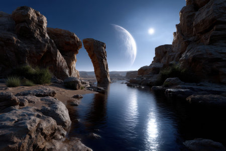A tranquil river reflects the twilight sky while a massive celestial body looms above rocky cliffs.の写真素材