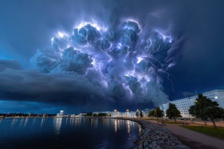 Dark clouds gather over the lake, erupting with vibrant lightning strikes during dusk as onlookers watch.の写真素材
