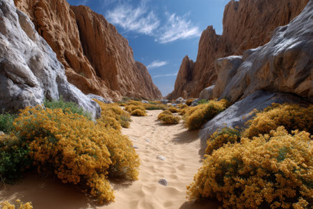 Bright wildflowers bloom amidst rocky canyon walls, with soft golden sand under a clear blue sky.の写真素材