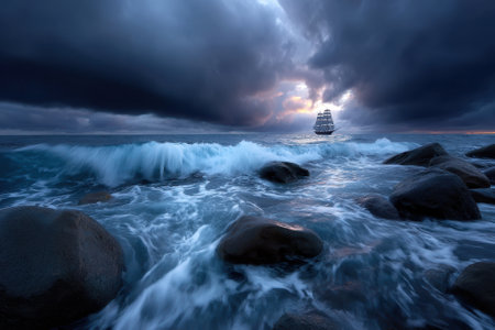 A sailing ship bravely cuts through crashing waves as dark clouds gather overhead during twilight.の写真素材