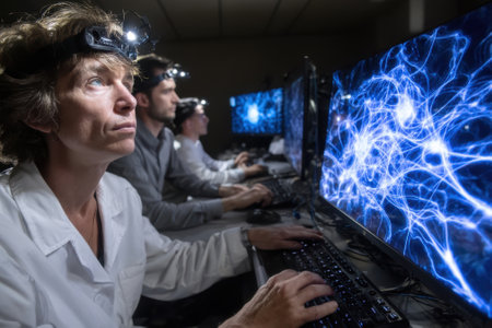 In a dim lab, team members with headlamps study digital displays, focused during the evening hours.の写真素材